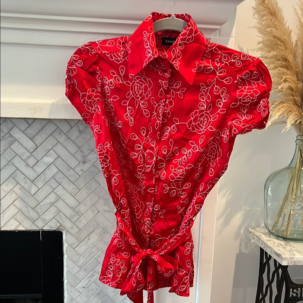 Red Floral Button-Up BeBe Blouse